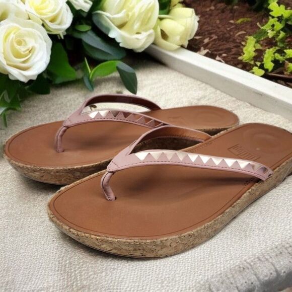 Fitflop Linny Slide On Thong Sandals Womens 6 Pink Gold Leather Cork Platform - Picture 1 of 10